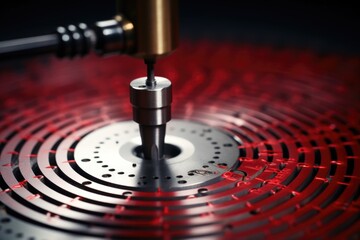 A detailed close-up of a metal object resting on a vibrant red surface. This image can be used to depict industrial, technology, or design concepts.