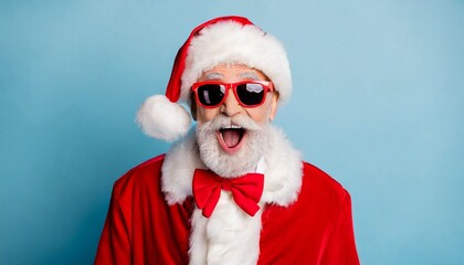 Close-up photo of retired old Santa Claus. white beard, mouth open, looking confused. He is dressed...