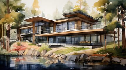 Fototapeta premium modern villa in deep forest at night. The villa features sleek and contemporary architecture, and the evening setting offers a tranquil ambiance