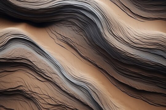 A close-up view of a wavy surface of sand. This image can be used to depict textures, nature, landscapes, beach scenes, or abstract concepts.