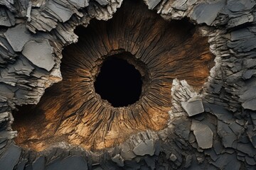 A close-up view of a piece of wood with a hole. This image can be used to represent nature, woodworking, or textures.