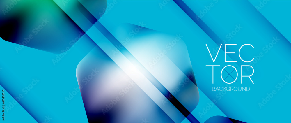 Poster Dynamic bright colorful geometric elements with fluid gradients, lights, shadows blend in a minimal backdrop, creating captivating composition