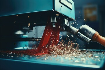 A close-up view of a machine cutting a piece of wood. This image can be used to depict woodworking, carpentry, or industrial manufacturing processes.