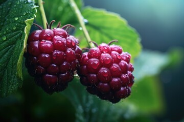 A detailed view of two ripe raspberries growing on a plant. This image can be used to showcase the beauty of nature and the freshness of fruits.
