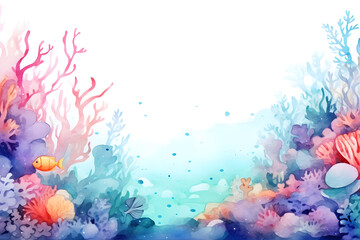 Fototapeta na wymiar Sea life background. Underwater border frame in watercolor style.