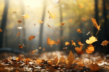 A captivating image capturing a bunch of leaves gracefully floating in the air. Perfect for adding a touch of nature and serenity to any project or design