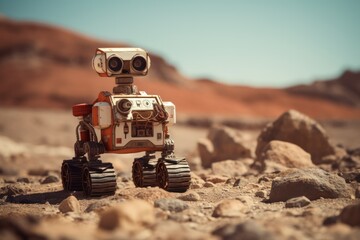 Fototapeta na wymiar a robot in planet mars environment photograph, photography, professional quality --ar 3:2 --v 5.2 Job ID: 68676888-cf58-4cec-89dc-fb759bedf10d