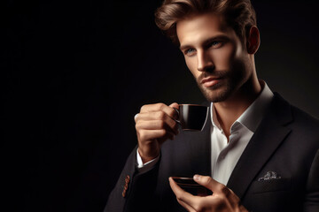 photorealistic studio portrait of an attractive man drinking coffee on black background. ai generative