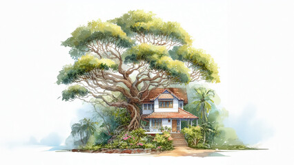 Watercolor tree house on white background
