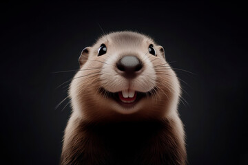 portrait of a happy smiling bever isolated on black background with copy space. ai generative