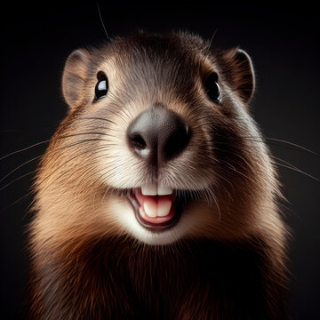 portrait of a happy smiling bever isolated on black background with copy space. ai generative