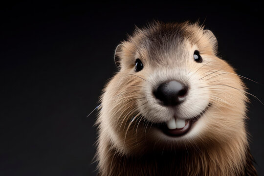portrait of a happy smiling bever isolated on black background with copy space. ai generative