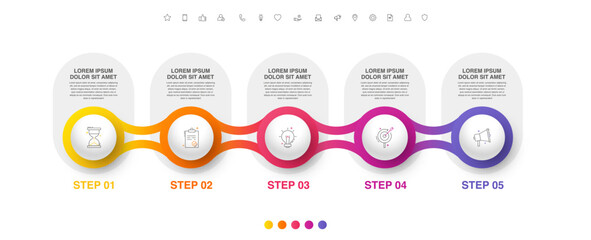 Vector flat infographic template with five circles, elements, sectors. Modern designed for business, presentations, timeline, web design, banner, levels, chart, interface 5 step diagrams