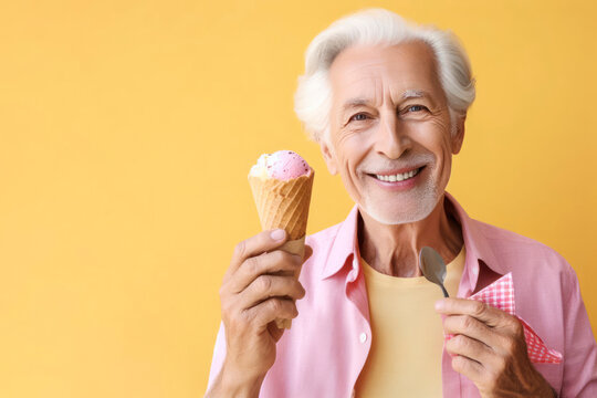 Senior man eating ice cream on yellow background. ai generative