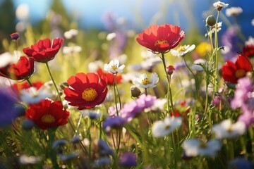 Obraz premium A beautiful field of red and white flowers with a vibrant blue sky in the background. Perfect for nature lovers and floral enthusiasts.