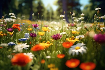 A beautiful field of flowers with a person walking in the background. This image can be used to depict nature, tranquility, and outdoor activities