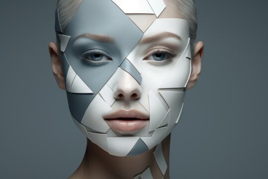 A woman with white and silver face paint on her face. Can be used for artistic makeup tutorials or Halloween costume ideas