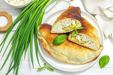 Homemade patty pies with cottage cheese and greens. High protein food, gluten free bakery