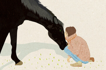 Ilustracja mała dziewczynka przytulająca dużego konia jasne tło.