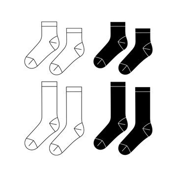 Set Of Mid Calf Length Socks Flat Sketch Fashion Illustration Drawing Template Mock Up, Calf Length Socks Cad Drawing For Unisex Men's And Women's, Quarter Crew Socks Design Drawing