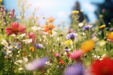 A beautiful field of colorful flowers with a vibrant blue sky in the background. Perfect for adding a touch of nature and beauty to any project or design