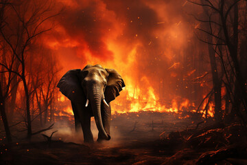 Elephant inside a Burning Forest symbolizing the Urgent Message of Deforestation Climate Changer and Global Warming. Ai generated