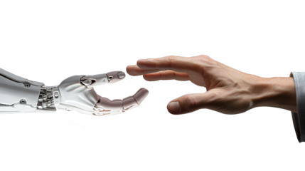 Human hand trying to reach robotic Ai hand. Isolated on transparent background