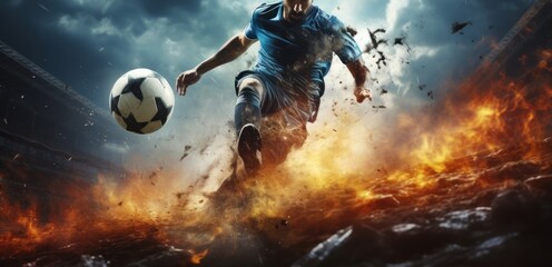 Soccer player in action at the stadium. Football Concept With a Copy Space. Soccer Concept With a Space For a Text. - obrazy, fototapety, plakaty