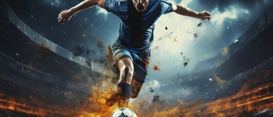 Soccer player in action on the field of stadium under sky with clouds. Football Concept With a Copy Space. Soccer Concept With a Space For a Text. - obrazy, fototapety, plakaty