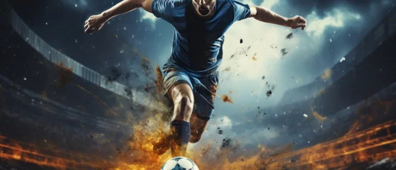 Fotobehang Soccer player in action on the field of stadium under sky with clouds. Football Concept With a Copy Space. Soccer Concept With a Space For a Text. © John Martin