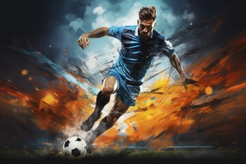 soccer player in action on the football field under dramatic sky with clouds. Football Concept With a Copy Space. Soccer Concept With a Space For a Text. - obrazy, fototapety, plakaty