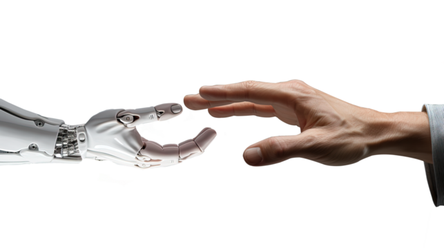 Human hand trying to reach robotic Ai hand. Isolated on transparent background - Powered by Adobe