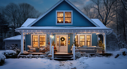 Winter snowy forest house in Christmas night. Christmas lights as decoration - obrazy, fototapety, plakaty