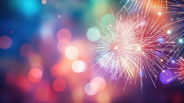 Colorful fireworks on colorful bokeh background with space for text. Ai generative