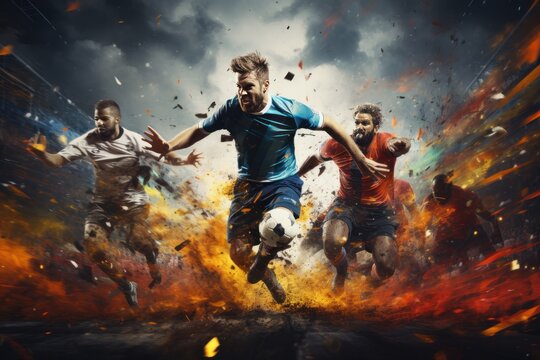 Soccer players in action at the stadium. Dynamic image. Football Concept With a Copy Space. Soccer Concept With a Space For a Text.