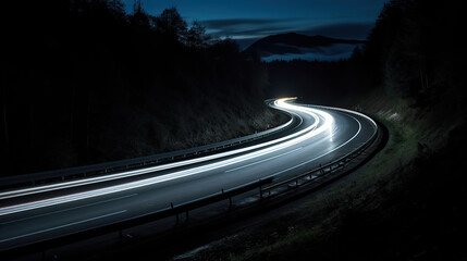 a city with light trails on a highway at nighttime, in the style of light teal and orange