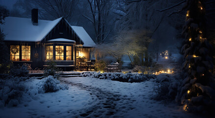Winter snowy forest house in Christmas night. Christmas lights as decoration