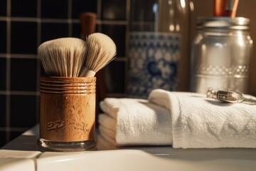 A shaving brush placed on top of a bathroom sink.  - obrazy, fototapety, plakaty