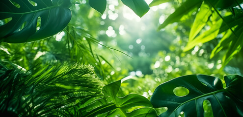 Green tropical vegetation jungle with palm leaves in sunshine. Tropical nature banner concept for...
