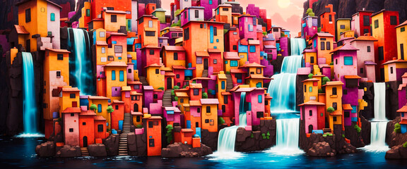 3D Animation Style waterfall whimsical cities in vibrant color