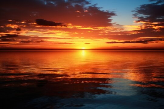 A beautiful sunset over the ocean horizon. This image can be used to depict the serene beauty of nature and the peacefulness of the ocean