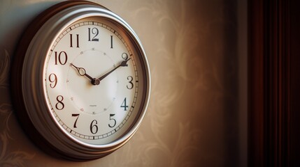 A close-up of a white wall clock, its hands ticking steadily, capturing the passage of time in a...