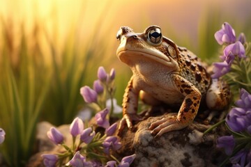 A frog perched on a rock in the midst of a beautiful garden filled with vibrant purple flowers. This image can be used to add a touch of nature and serenity to any project