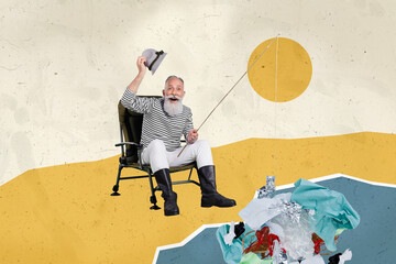 Photo illustration collage of elderly funny fisherman sitting chair catching trash in ocean to save plane ecology on drawing background