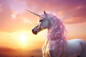 Obraz na płótnie Canvas A majestic white unicorn with a long mane standing gracefully in front of a vibrant sunset. Perfect for fantasy-themed designs and magical concepts