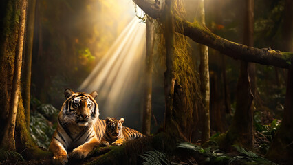 Sumatran Tiger and Cub in the Jungle - obrazy, fototapety, plakaty