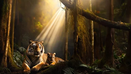 Zelfklevend Fotobehang Sumatran Tiger and Cub in the Jungle © Samuel