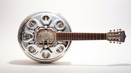 A resonator guitar, its unique metal body and strings glistening on a white background, waiting to resonate with bluesy tunes. - obrazy, fototapety, plakaty