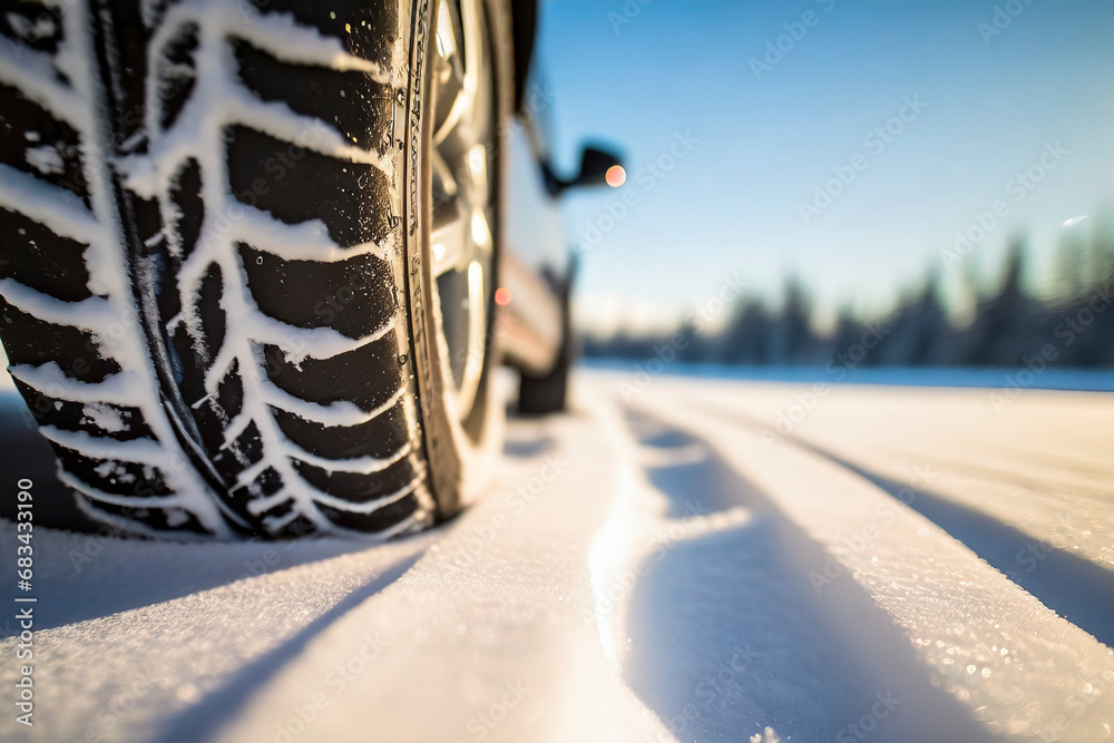 Wall mural vehicle tire on snow, danger winter driving conditions