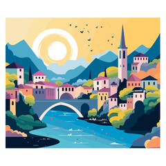 copy space, simple vector illustration, famous bridge in Mostar in the Federation of Bosnia and Herzegovina. View on Stari Most, the old bridge on the Neretva river in the city centre. Famous touristi